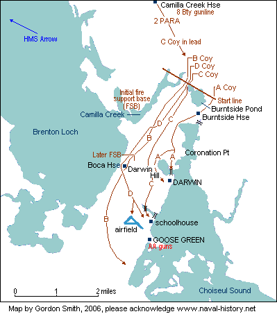 Map indicating the planned Goose Green offensive during the Falklands War.