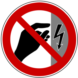 A red no symbol over a hand reaching towards a bolt of electricity symbol
