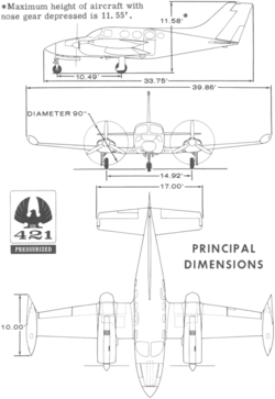 3-view line drawing of the Cessna 421