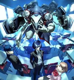 Two male and one female student stand in a classroom. Behind and above the protagonist, who stands at the center, is the Persona Thanatos, a humanoid demon with eight coffins attached to its body via chains.