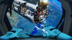 First-person view of the player character floating through a damaged space station, with the Earth in the background.
