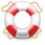 Icon for the GNOME program Yelp, showing a white floatation ring with four red stripes with rope on each of the red stripes
