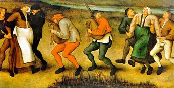 Painting by Pieter Brueghel the Younger of dancing peasants