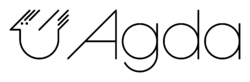 A stylized chicken in black lines and dots, to the left of the name "Agda" in sans-serif test with the first letter slanted to the right.