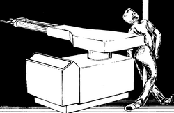 A black and white drawing of a man pinned between a robot arm and a metal pole.