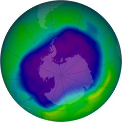Image of the ozone hole spanning almost all of Antarctica