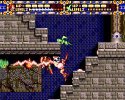 Gauges at the top represent the life and offensive capability of the player character, Alisia, and her pets. The area below the gauges is the main screen for the game; Alisia is jumping on a flight of stairs and firing her lightning at a group of enemies in this screen capture.