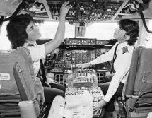 Beverly Burns and Lynne Rippelmeyer on the flight deck of a Boeing 737, September 1, 1982