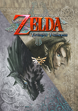 The game's title is in the center-top. A line runs diagonally through the image; in one section, the series' main protagonist—Link's face is shown. In the other, there is the head of Link's wolf form.