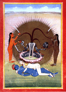 A decapitated, nude, four-armed, grey-complexioned woman seats on a lotus over a reverse copulating couple. She holds her own severed head, a skull-cup, a serpent and a sword. Three streams of blood from her neck feed her head and two nude, standing women (a orange one and another brown-coloured) holding a sword and a skull-cup, who flank her.