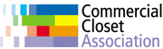 Four horizontal color bars with the left ends pixelated until they disappear; "Commercial Closet Association" in sans serif font on the right with "Association" in purple
