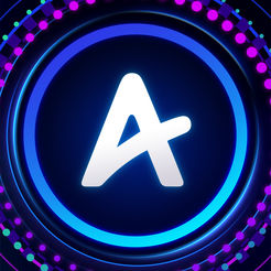 Stylized “A” on a black background, with purple and blue dots surrounding it.