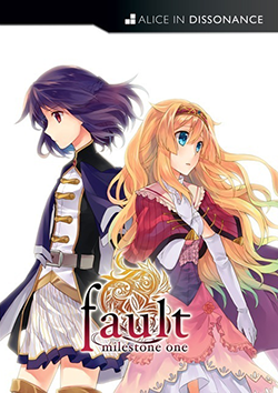 The game's cover art, featuring two stylized characters on a white background. The woman on the left, Ritona, has purple hair and wears a dark dress, and the woman on the right, Selphine, is blonde and wears a pink dress. In front of them is the game's logotype, with the words "fault milestone one" in red in front of an orange symbol; the word "fault" is in large fonts and on its own row, while "milestone one" is written below and in smaller fonts.
