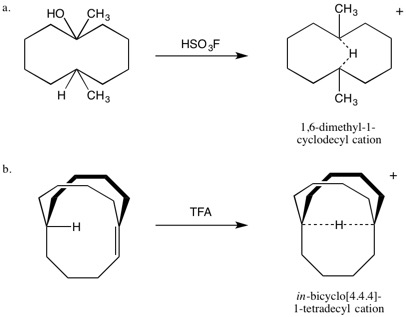 Final steps in the synthesis of (a) 1,6-dimethyl-1-cyclodecyl cation, first characterized by T.S. Sorensen in 1978 and (b) the in-bicyclo[4.4.4]-1-tetradecyl cation which J. E. McMurry synthesized in 1992. Both involve the use of a strong acid to form a linear 3 center-2 electron bond.
