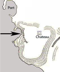 A map of the shoreline of Jbeil / Byblos, showing two inlets, one of which is marked as "port". The map shows a hill with a square marked as "Chateau". The seaside border of the hill is marked with "Cimetière royal"