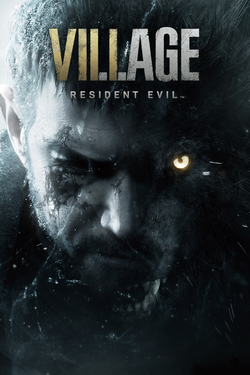 The merged halves of the heads of Chris Redfield and a werewolf-like creature appear below the game title on the cover art. The title's gold coloring highlights the Roman numeral "VIII" (8) as a subtle means to indicate this is the eighth-numbered Resident Evil game.