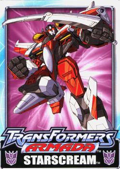 Trading card with Starscream in theatrical battle-pose, one leg up, fist clenched, other hand brandishing sword-style weapon ahead of body, purple starburst effect behind