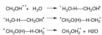 Proposed isomerization mechanism of ionized methanol to methylene oxonium ion.