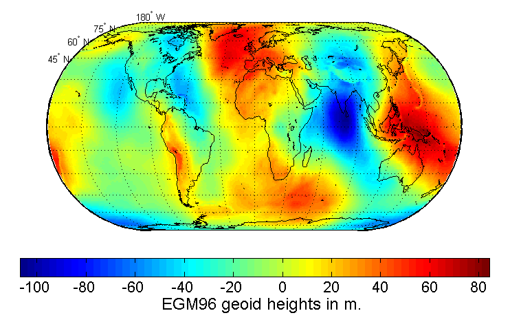 Map of the undulation of the geoid in meters (based on the EGM96 gravity model and the WGS84 reference ellipsoid).[4]