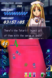 The display is split between two screens. The upper screen shows gameplay displays and the assistant character commenting on the operation. The lower screen shows the operation in question.
