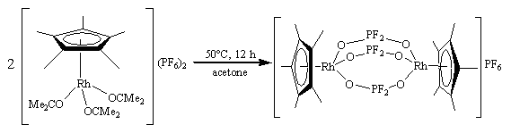 Heating an acetone solution of [(η5-C5Me5)Rh(Me2CO)3](PF6)2 gives the difluorophosphate complex [(η5-C5Me5)Rh(μ-OPF2O)3Rh(η5-C5Me5)]+.