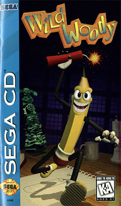 A Sega CD video game cover titled "Wild Woody" and depicting a pencil with a face and limbs running toward the viewer while carrying a lit stick of dynamite.