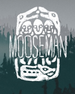 Artwork of a white Permian bronze cast with word "Mooseman". The background is dark green forest