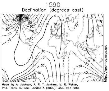 Estimated declination contours by year, 1590 to 1990
