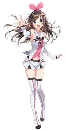 An official image of Kizuna, published through her Twitter. She is slender in build, has long brown hair, blue eyes, and a fair complexion. Her clothes are white and have pink highlights with black trim.