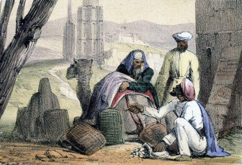 File:A print from 1845 shows cowry shells being used as money by an Arab trader.jpg
