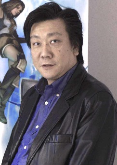A Japanese man with left-parted hair, a brown leather jacket, and a blue shirt