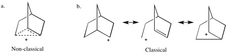 The classical and non-classical models for bonding in the 2-norbornyl cation. The non-classical model (a) shows one three-center two-electron bond with a delocalized positive charge. The classical model, (b) describes a rapid equilibration between three distinct carbocations rather than delocalization. In 1973 Olah confirmed the validity of the non-classical model in this system.