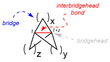 Lewis-Structure of an eneral carbocyclic propellane labelling bridge- and interbridgehead bond with x,y,z counters.