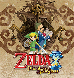 The title, "The Legend of Zelda: Phantom Hourglass" is written in the center-bottom. A young boy, Link, and a ship captain stand in front of a ghostly ship.