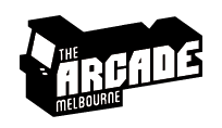 In an angled, the words "The Arcade" are uppercase and in a cartoon format, with the word Melbourne at the bottom left corner of the logo. In the depth shadow of the logo, the shadow forms an arcade booth.