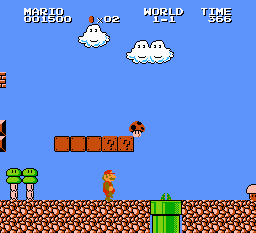 Mario, viewed in profile, faces to the right of the screen, with question mark boxes and a dark mushroom floating overhead and a green pipe in the ground nearby. The screen is mostly blue sky.