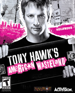 The cover art shows Tony Hawk holding a skateboard with the bottom showing "Tony Hawk's American Wasteland". One of the A's in "American" is replaced by a star.