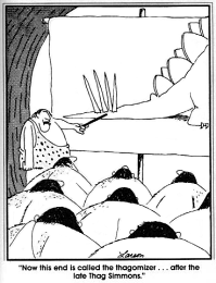 A cartoon of a group of cavemen. One points at a diagram of a dinosaur's tail with four spikes. The caption reads, "Now, this end is called the thagomizer...after the late Thag Simmons."