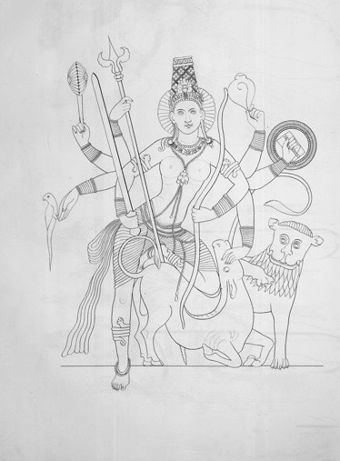 File:1853 sketch of Durga Mahishasura mardini in 6th century Ravana Phadi Hindu cave temple, Aihole Karnataka (1).jpg