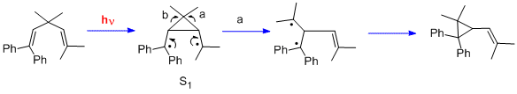 Irradiation of Ph2C=CCMe2C=CMe2 forms Ph2C•(C-CMe2-C-)C•Me2. The central atom can then attack the bond towards the isopropyl group (a) or the benzhydryl group (b). It chooses a, to form Ph2C•C(C•Me2)C=CMe2, which then closes to form a benzhydrilic cyclopropane ring.