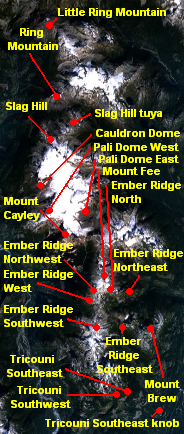Image showing the location of a north–south trending zone of related volcanoes and local landscape.