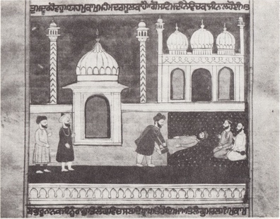 File:Janamsakhi manuscript painting with the caption "Guru Nanak in Mecca - 'Turn my feet in the direction where God is not.' ".jpg