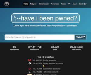 The homepage of haveibeenpwned.com. The website features white text on blue and black backgrounds. Prominently centered is the site's logo in white. Below the logo is a search box labeled "email address or username" with a button beside it labeled "pwned?". Below the search box is a series of statistics about the size of the website's database. Below that is a list of the top ten largest breaches.