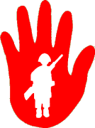 A bright right-hand shape. In the center is a silhouette of a small child in a military uniform and carrying a rifle.