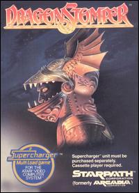 The box art of Dragonstomper: an illustration of a knight from their side view. Their armor is stylized with dragon-like elements such as wings pointing at the top and sharp teeth around the visor. The title of the game is at the top of the box, along with the Starpath Logo, promotional text, and information regarding the Starpath Supercharger requirements.