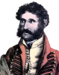 Head and shoulders of curly haired young man with sideburns and moustache, dressed in 19th century clothes.