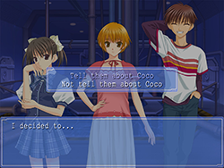 A screenshot depicting a scene with three characters in a dark room from a first-person perspective. A box is displayed at the bottom of the screen, showing the point-of-view character's internal monologue, and a second box shows dialogue options for the player to pick from.