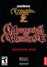 The game box cover, predominantly black with stylized red text reading "Mysteries of Westgate"