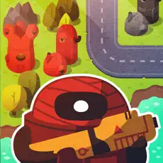Cover depicting a rotund, one-eyed red soldier holding a futuristic orange rifle. A 2D overhead map with green grassy land, a road, houses and trees is in the background.