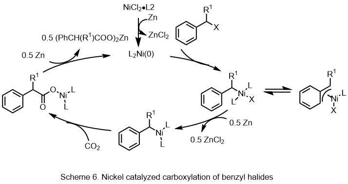 Scheme 6 Nickel catalysed carboxylation of benzyl halides